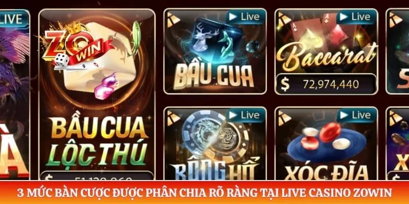 3 mức bàn cược được phân chia rõ ràng tại live casino ZOWIN